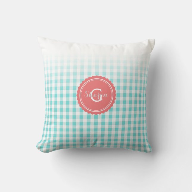 Coussin chic preppy turquoise en vichy motif monogramme (Recto)