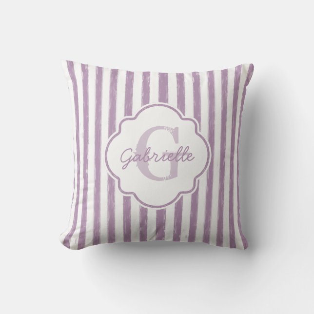 Coussin Chic Purple Painpe Stripes Monogramme et nom (Recto)