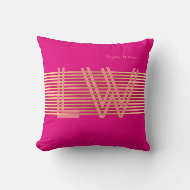 Coussin chic rayures dorées personnalisées monogramme rose (Recto)