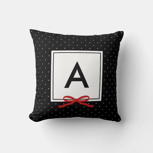 Coussin Chic Red Ribbon Black Polka Dot Motif Monogramme (Recto)