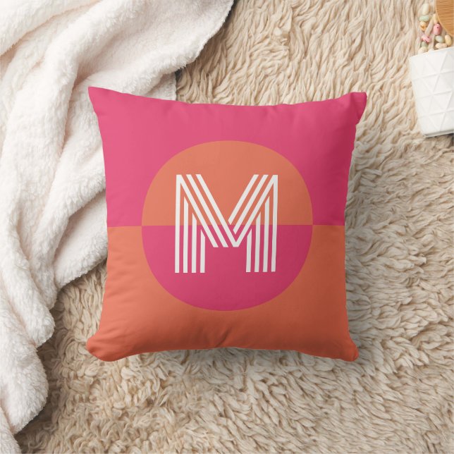 Coussin Chic Rétro Orange Rose Géométrique Monogramme Mode (Couverture)