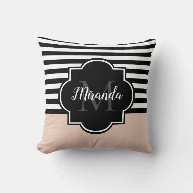 Coussin Chic rose et noir larges bandes Nom et monogramme (Recto)