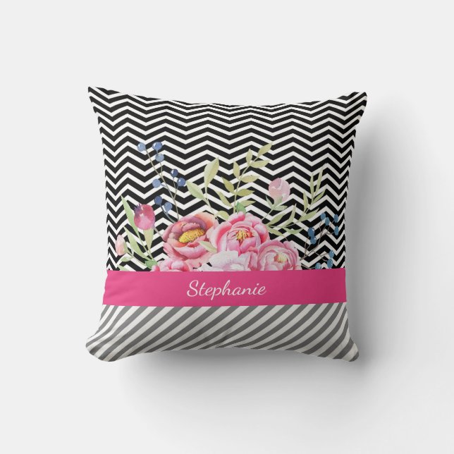 Coussin Chic rose floral noir et blanc Chevrons et nom (Recto)