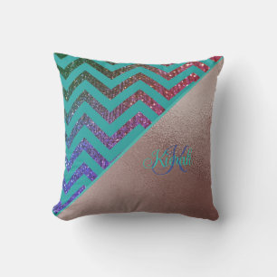 Coussin Chic Rose Gold Glittery Chevron Turquoise Green Na