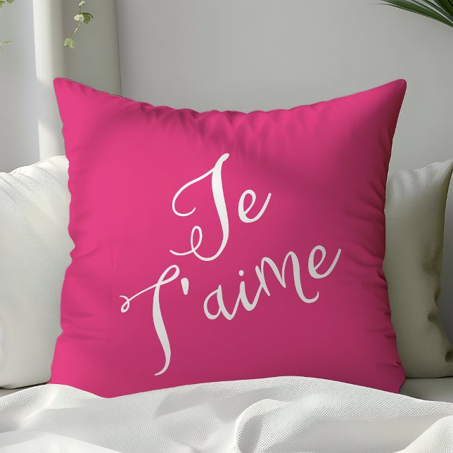 Coussin Chic Rose Pâle & Blanc Je T'aime Typographie Franç (Créateur téléchargé)