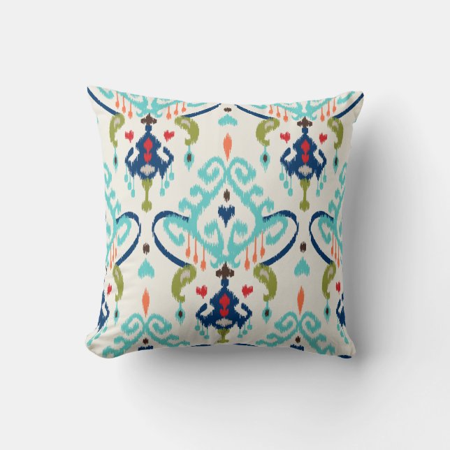 Coussin Chic turquoise marine bleu ikat motif tribal (Recto)