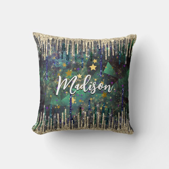 Coussin Chic vert turquoise or parties scintillant gouttes (Recto)