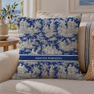Coussin Chic vintage bleu foncé toile de jouy imprimé