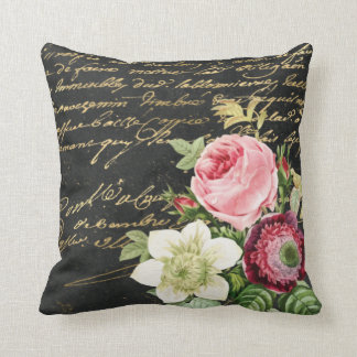 Coussin Chic vintage de Roses Shabby avec un script d'or