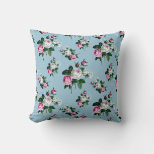 Coussin Chic vintage Floral, Roses Blanches Rose, Bleu
