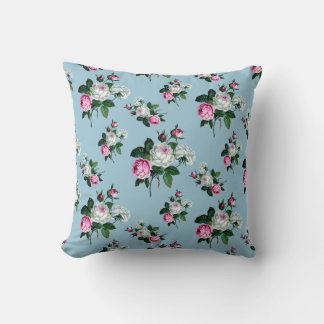 Coussin Chic vintage Floral, Roses Blanches Rose, Bleu