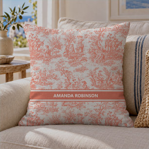 Coussin Chic vintage orange toile de Jouy imprimé