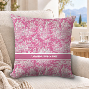 Coussin Chic vintage rose vif toile de jouy imprimé 
