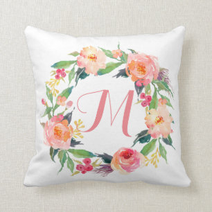 Coussin Chic Watercolor Floral Wreath Monogramme