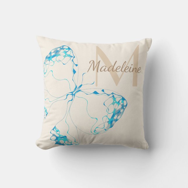 Coussin Chic Whimsical Elegant Bleu Papillon Monogramme (Recto)