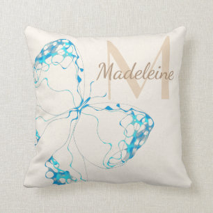 Coussin Chic Whimsical Elegant Bleu Papillon Monogramme
