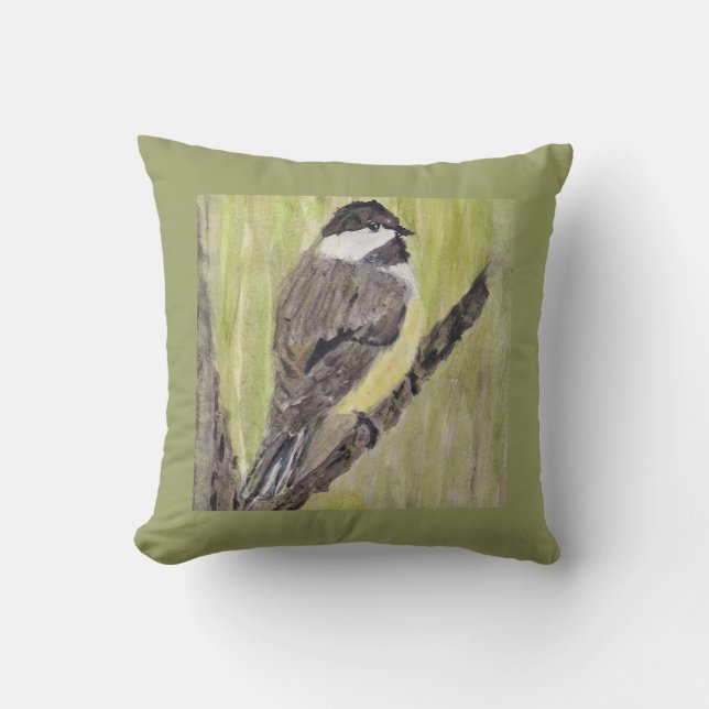 Coussin Chickadee Bird - peinture acrylique. (Recto)