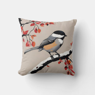 Coussin Chickadee Bird Tree Nature Art Orange Feuille