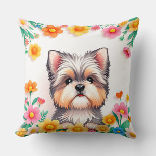 Coussin Chien adorable encadré de fleurs