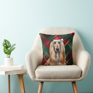 Coussin Chien Afghan Hound carreau rouge Noël vacances
