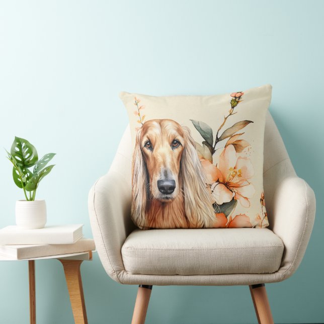 Coussin Chien Afghan Hound et Lys Péches (Chaise)