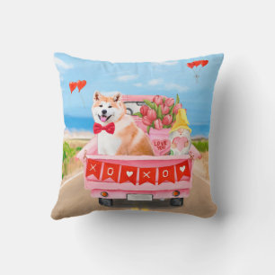 Coussin Chien Akita Camion de la Saint-Valentin Cœurs