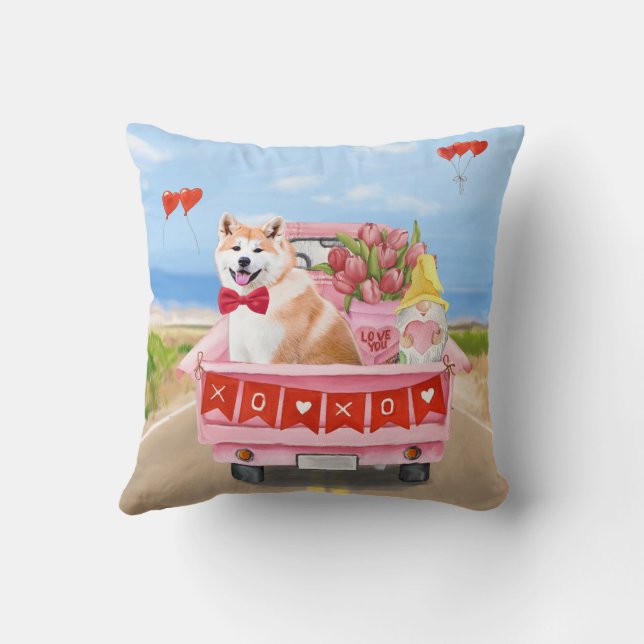 Coussin Chien Akita Camion de la Saint-Valentin Cœurs (Verso)