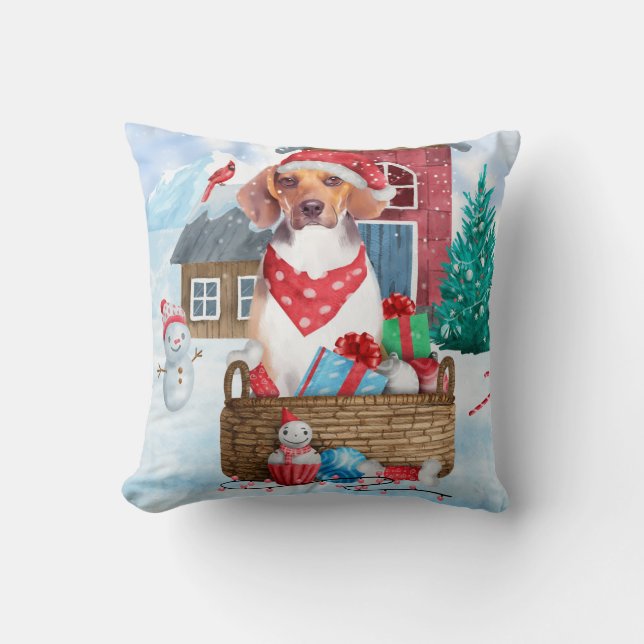 Coussin Chien Beagle dans la maison de Noël enneigée (Recto)