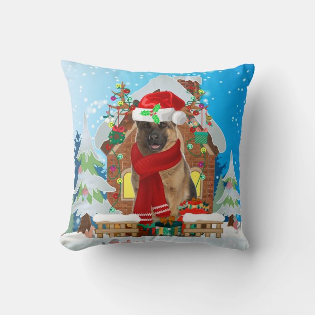 Coussin Chien berger allemand avec cadeaux de Noël (Recto)