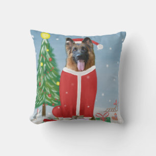 Coussin Chien berger allemand en neige avec cadeaux de Noë