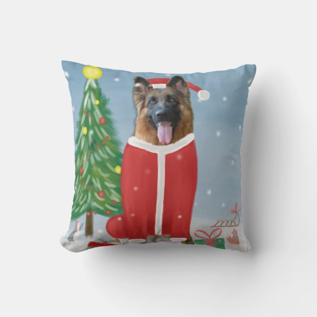 Coussin Chien berger allemand en neige avec cadeaux de Noë (Recto)