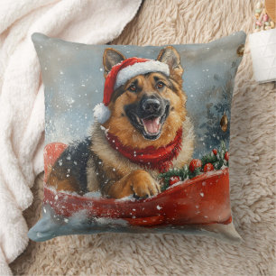 Coussin Chien berger allemand en neige dorée Noël