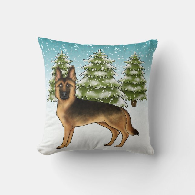 Coussin Chien Berger Allemand Noir et Feu Forêt d'Hiver (Recto)