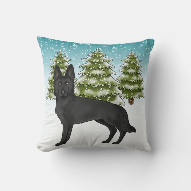 Coussin Chien Berger Allemand noir temps enneigé forêt d'h (Recto)
