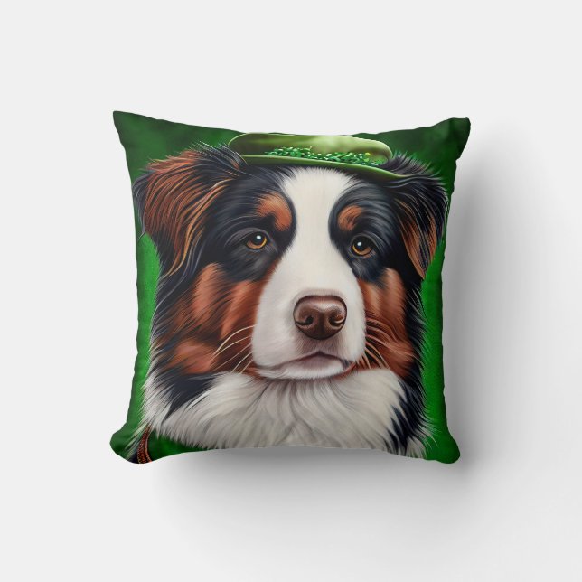 Coussin Chien Berger Australien en tenue de la Saint-Patri (Recto)