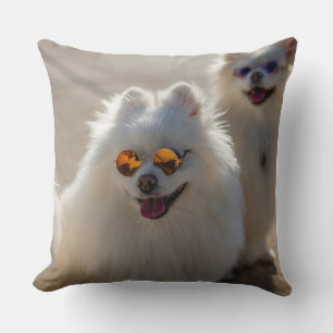 Coussin Chien Blanc Fluffy Drôle avec des Lunettes de Sole