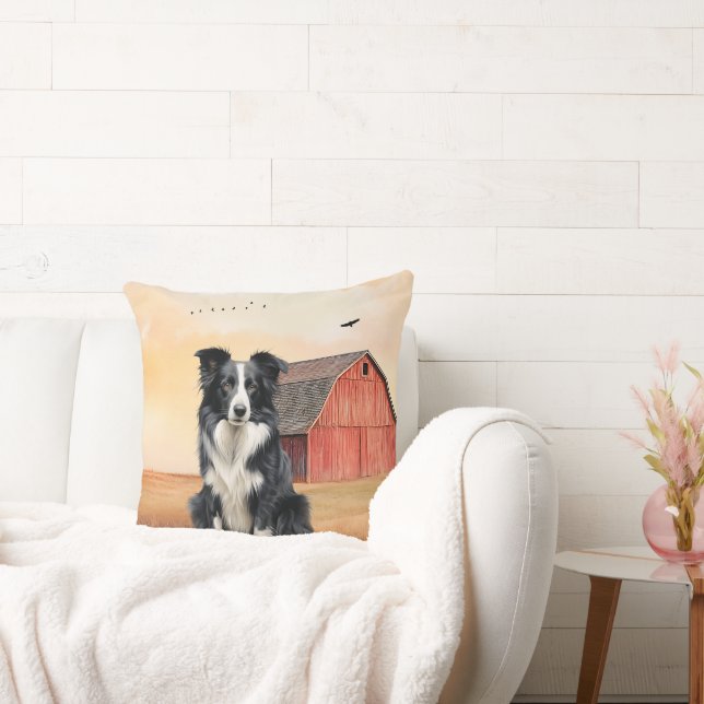 Coussin Chien Border Collie et Ranch à grange rouge (Canapé)