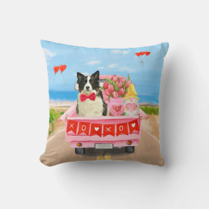 Coussin Chien Border Collie Saint-Valentin Camion Cœurs