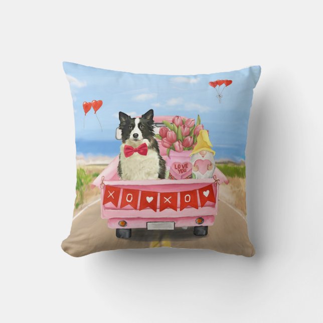 Coussin Chien Border Collie Saint-Valentin Camion Cœurs (Recto)