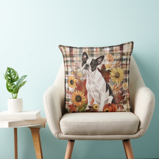 Coussin Chien Boston Terrier Automne Fleurs Aquarelle (Chaise)
