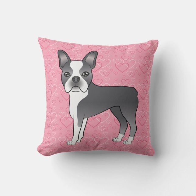 Coussin Chien Boston Terrier bleu et blanc sur des cœurs r (Recto)
