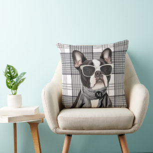 Coussin Chien Boston Terrier élégant et monogramme à carre