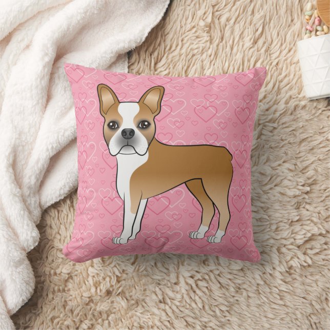 Coussin Chien Boston Terrier Fauve Et Blanc Sur Coeurs Ros (Couverture)