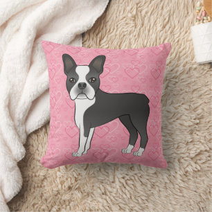 Coussin Chien Boston Terrier noir et blanc sur des cœurs r