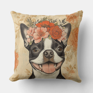 Coussin Chien Boston Terrier Orange Floral