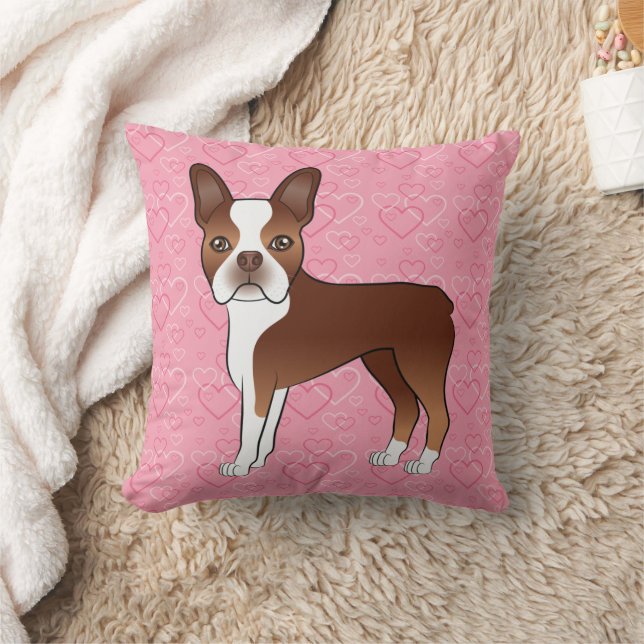 Coussin Chien Boston Terrier Rouge Et Blanc Sur Des Cœurs  (Couverture)
