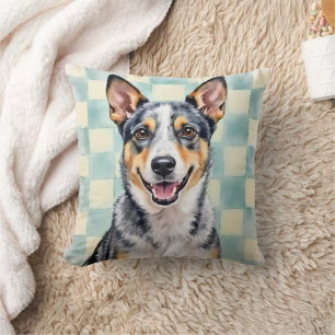 Coussin Chien Bouvier Australien Aquarelle Motif à Damier 