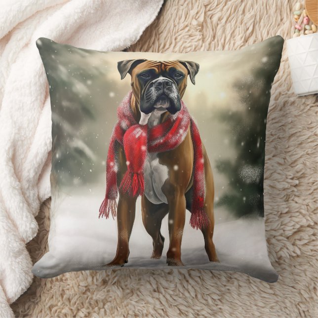 Coussin Chien Boxer dans la neige Noël (Couverture)