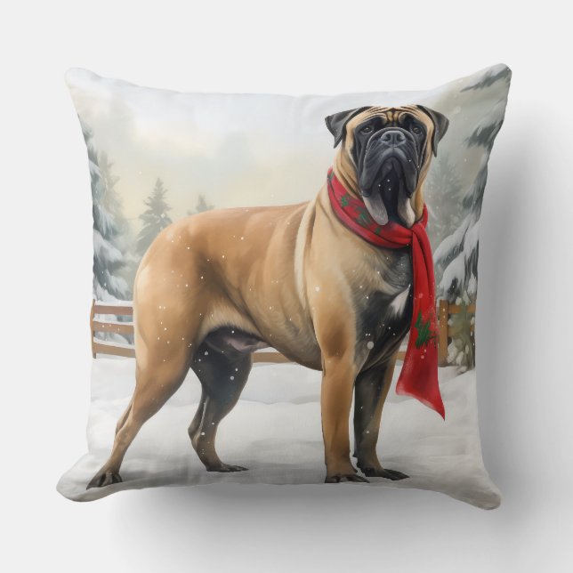 Coussin Chien Bullmastiff dans la neige de Noël (Recto)