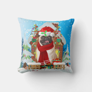 Coussin Chien carlin avec cadeaux de Noël